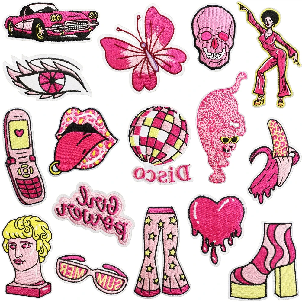 1pcs Patch Pink Girl Stickers Iron On Patches for Clothing Sewing Embroidery Fusible Applique Badge Decoration Stripes