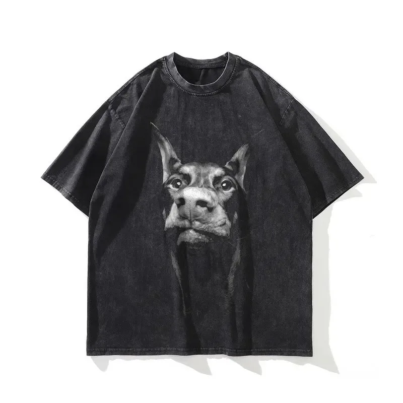 Doberman T-shirts Oversized Vintage Washed Hip Hop High Street T Shirt Retro Cute Dog DTG Printing Short Sleeve Tops Tees Cotton