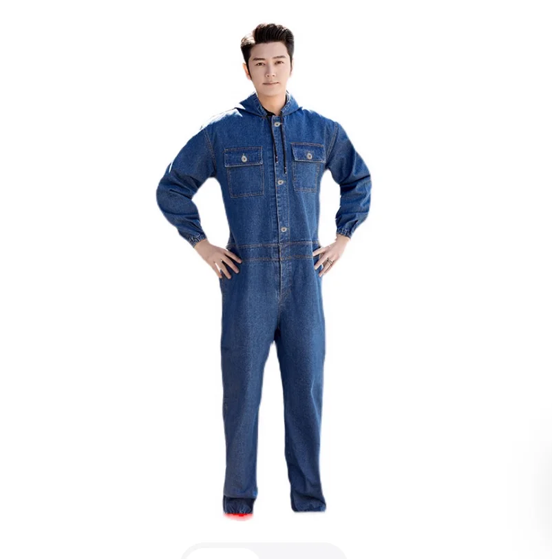 Winter one-piece hooded denim pure cotton workwear men's protective clothing
