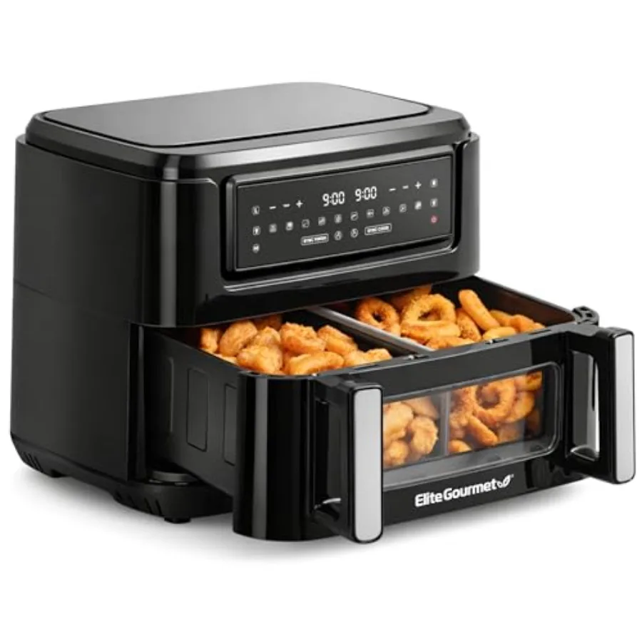 

Двухзонная аэрофритюрница-духовка 11QT черная с разделителем для одновременного приготовления и одновременного завершения процессов, без ПФАС, с антипригарным покрытием, 10 предустановок для воздушной жарки и запекания