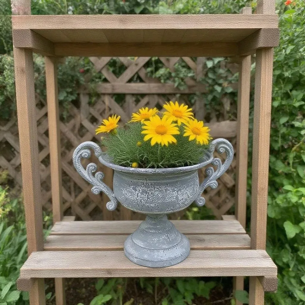 Vintage Urn Planter with Handles, Antique Silver Gray, Cast Iron Metal, 18cm Height, Trophy Cup Design, Distressed Finish