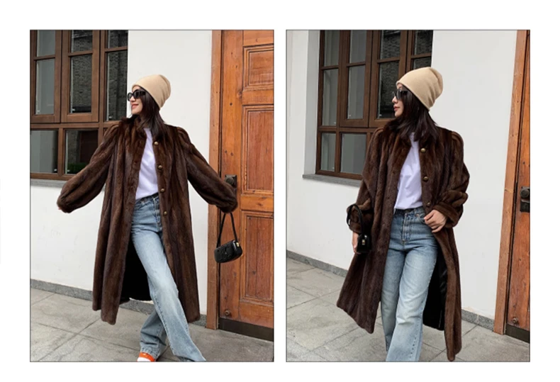 Lautaro Winter Long Brown Thick Warm Soft Faux Mink Fur Coat Women Puff Sleeve Elegant Luxury Chic Fluffy Furry Overcoat 2023