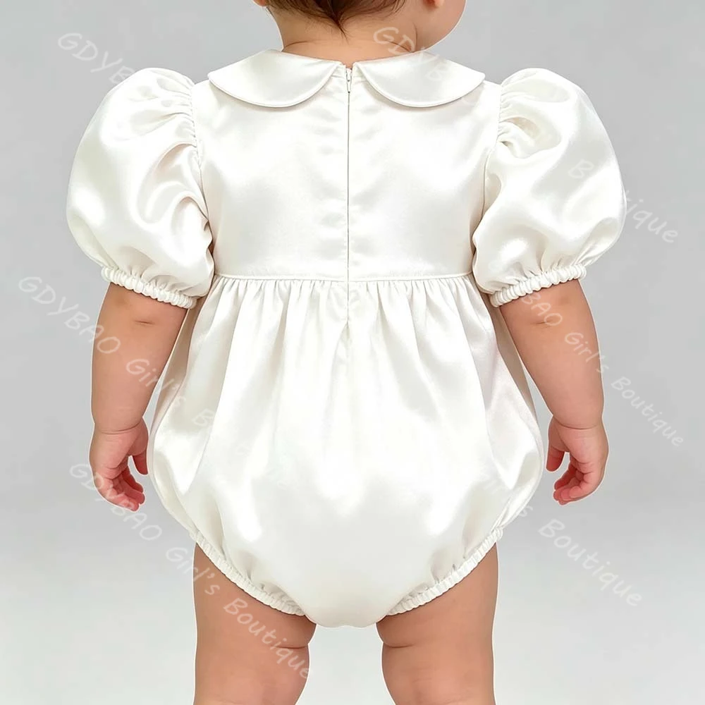 Elegant Satin Jumpsuits for Baby Girls Bean Neck Puff Sleeves Baptism Dress Simple Christening Communion Infants Clothing Custom