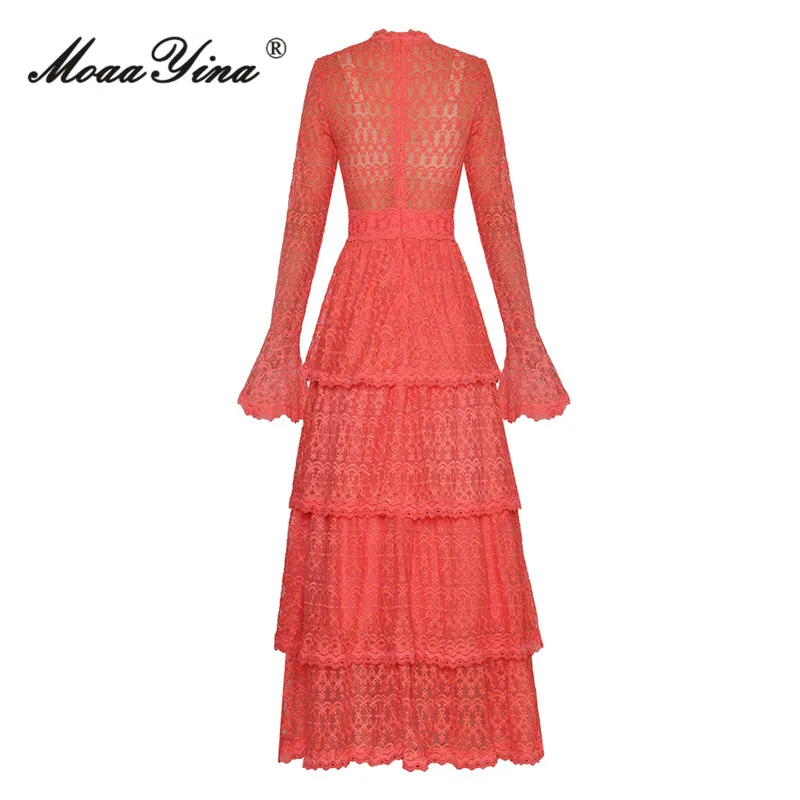 MoaaYina Fashion Designer dress Summer Women Dress Solid Color High Waist Net Yarn Embroidery Cascading Flounces Long Dresses