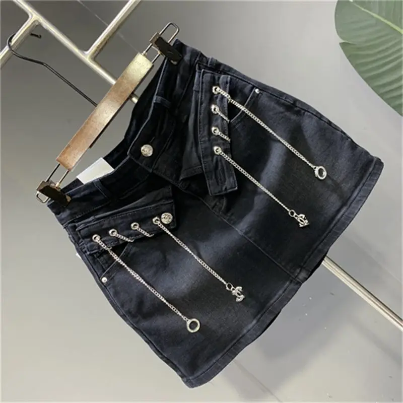 2024 Summer New Hip Hop High Street All-match Solid Color High Waist Button Zipper Patchwork Pocket Chains Women's A-line Skirts