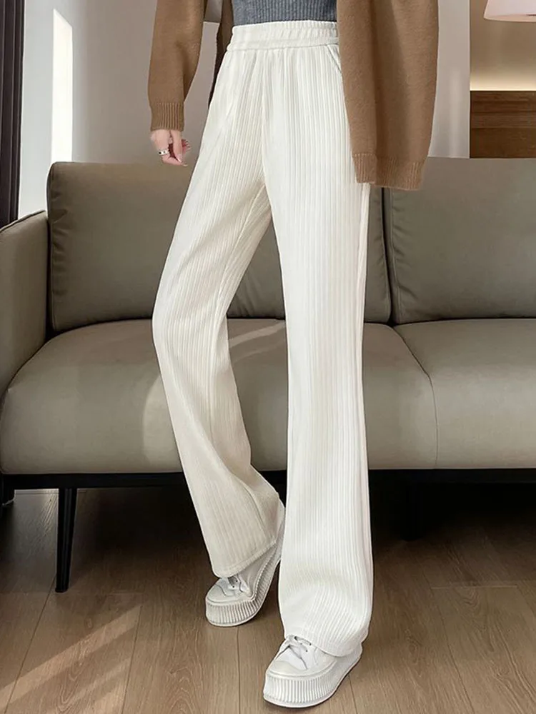 Winter Warme Dünne Flare Hosen Frauen Casual Elastische Hohe Taille Jogginghose Koreanische Mode Schnee Tragen Verdicken Samt Gefüttert Pantalones