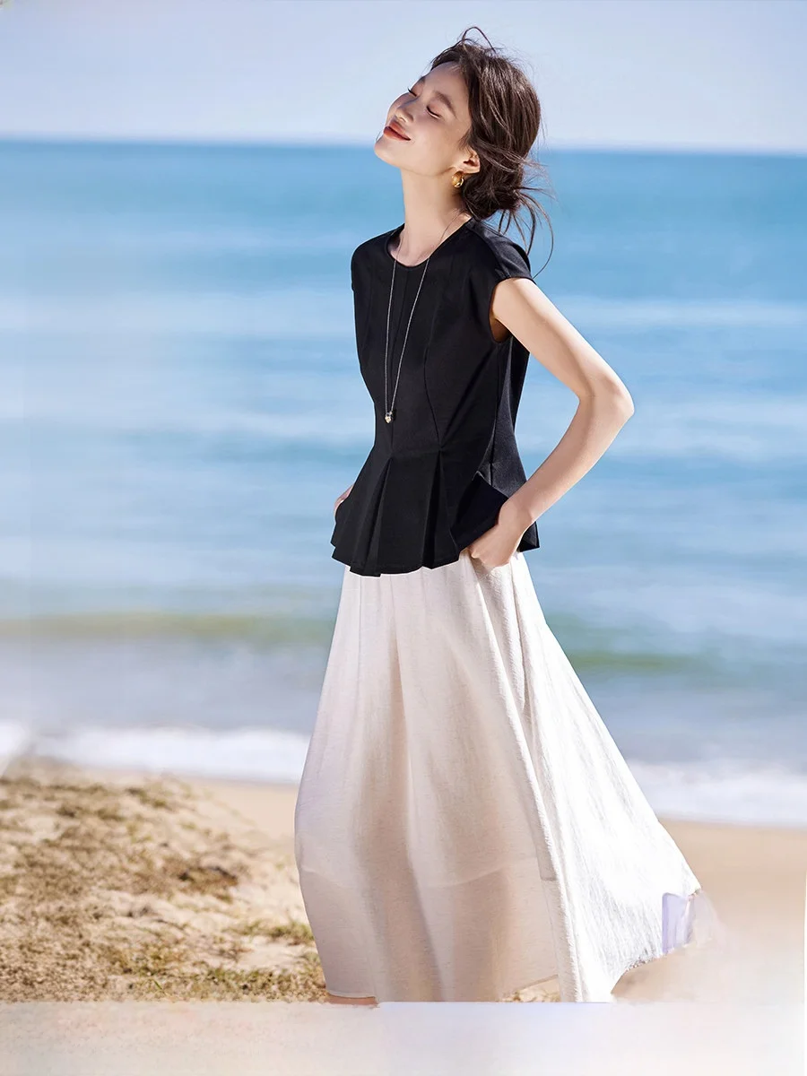 

Mehemayi Summer New Style Two-Piece Knitted T-Shirt Top And Half Skirt Set round Neck Gathered Waist Lace Trim Cotton Linen