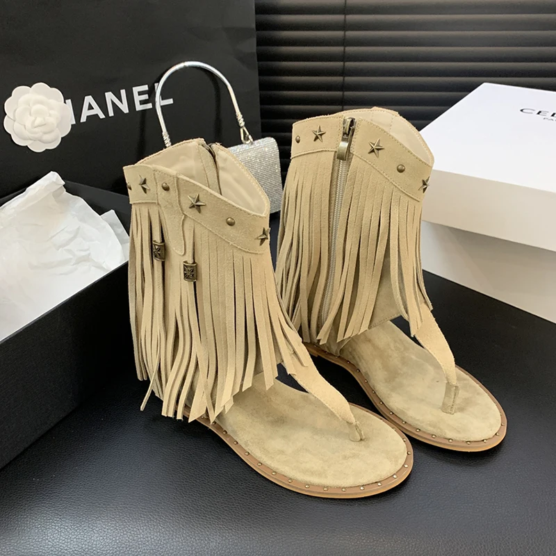 Ladies Summer Clip Toe Roman Sandals Zipper High Top Herringbone Flats Boots For Women Dressy Casual Sandals Boots Leather Shoes