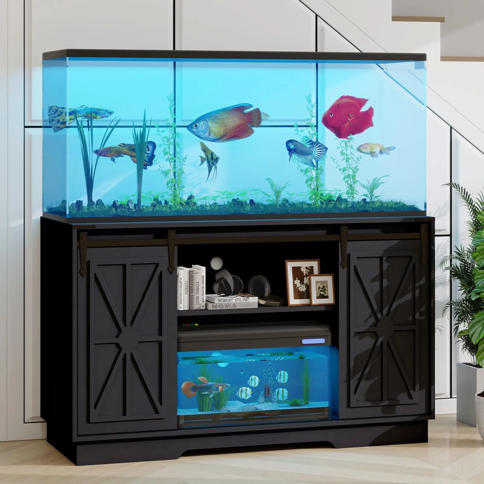 55-75 Gallon Farmhouse Fish Tank Stand with Sliding Barn Doors, Aquarium Stand with Cabinet for Fish Tank Accessories