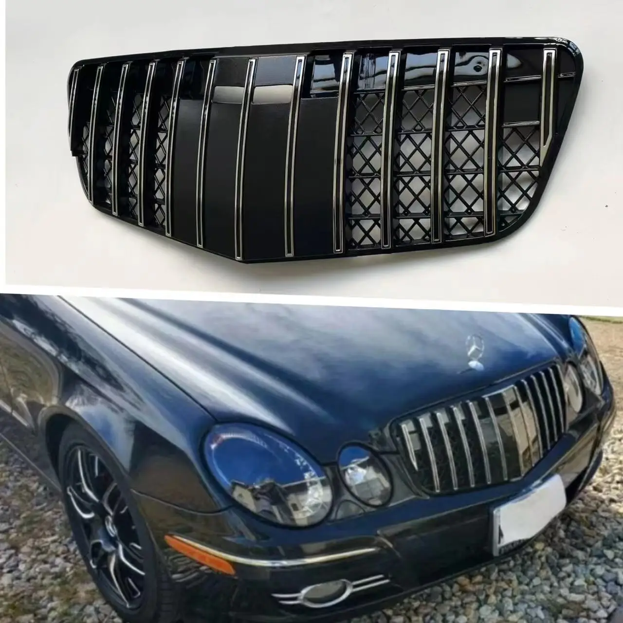 Suitable for 2007-2008 E-Class W211  GT vertical grille Front Racing Grille Grill Mask Cover Trims Front Hood Grills