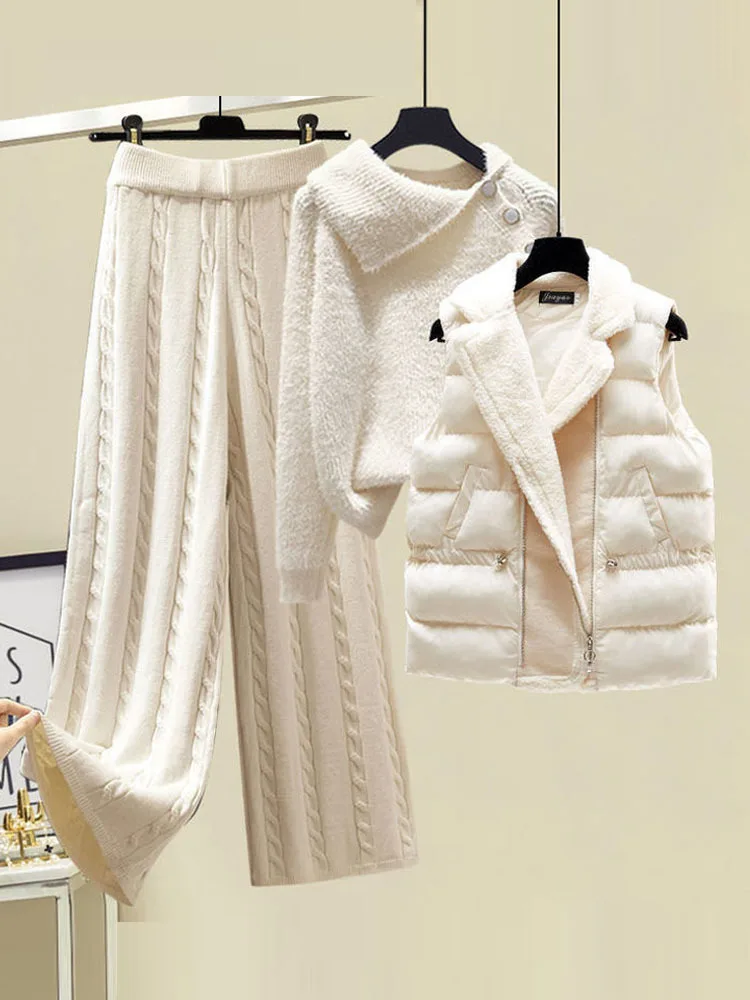 

2023 Winter Warm 3 Piece Set For Women Outfits Ladies Knitted Sweater +Lamb Wool Vest+ Wide Leg Twist Pants Set Womens Clothing