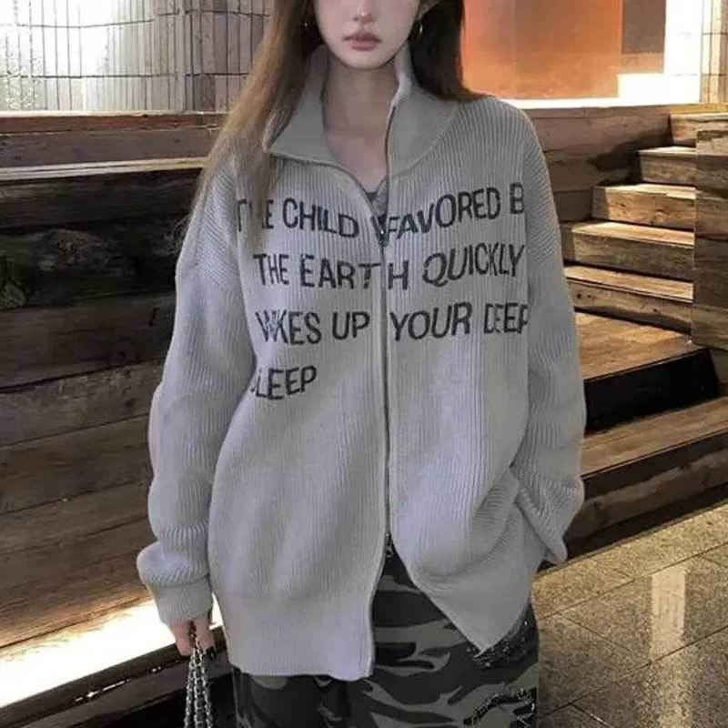 

Vintage Letter Half High Collar Sweaters Women's Clothing Fashionable Zipper Autumn Winter Loose Casual Basic Knitted Cardigan