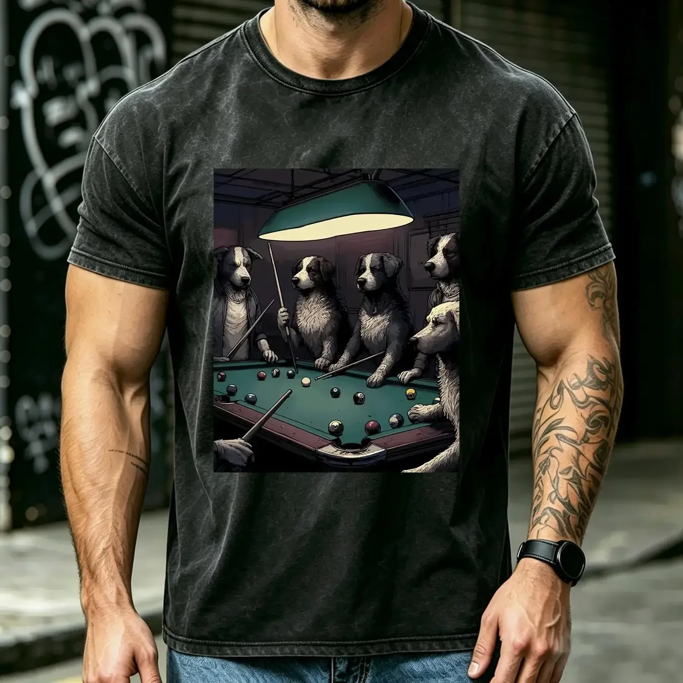 washed T Shirt NEW LIMITED Game Night Time Dogs On Billiards Pool Table Shooting 8 Ball long or short sleeves vintage Washed