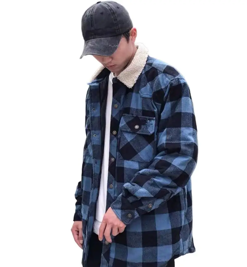 2024 New Spring Autumn Fleece Plaid cotton coat Men Winter Jacket plus size velvet Jacket  Hip Hop Streetwear