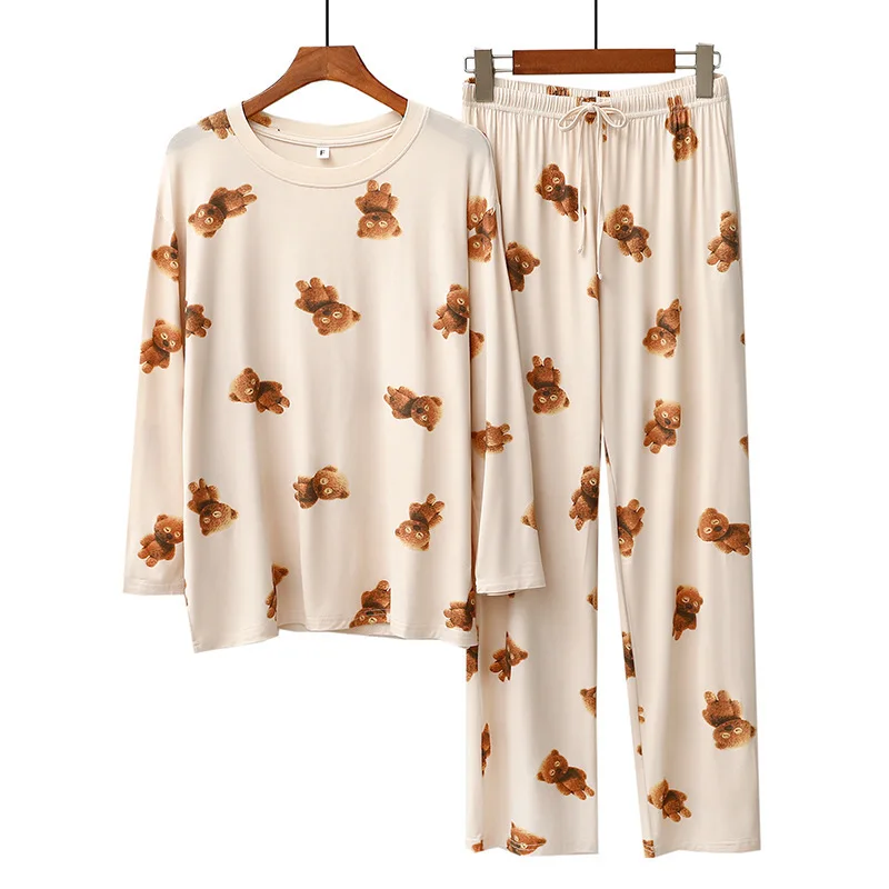 Spring Autumn Women\'s Kawaii Cartoon Anime Pajamas Ice Cream Bear Print Round Neck Long Sleeve Pants Cute Home Suit Set Gifts