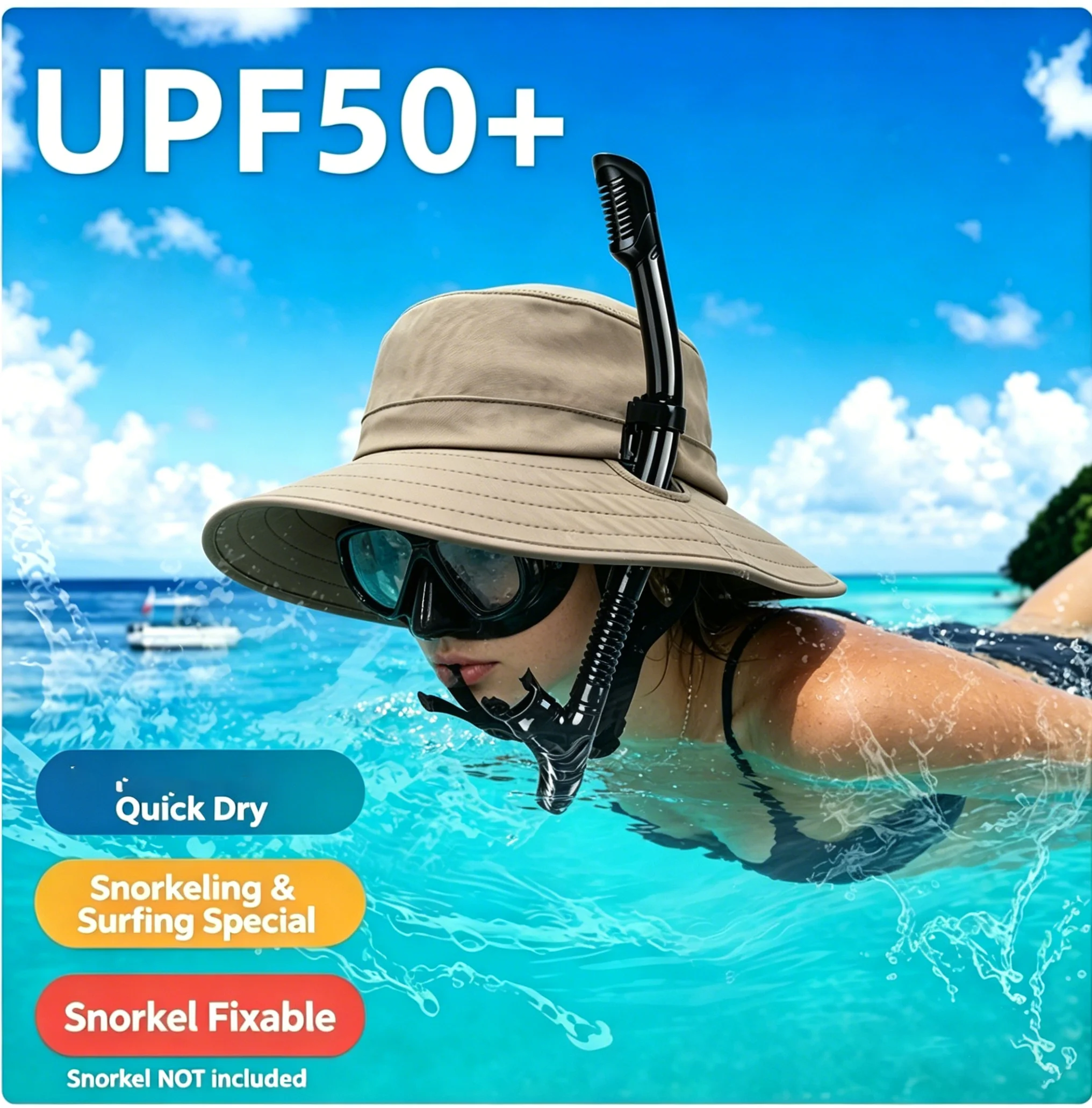 2‑in‑1 Snorkel Boonie Bucket Hat Quick‑Drain Water‑Sports Sun Hat Snorkel Hole Chin Strap UV‑Protection for Diving Beach Fishing