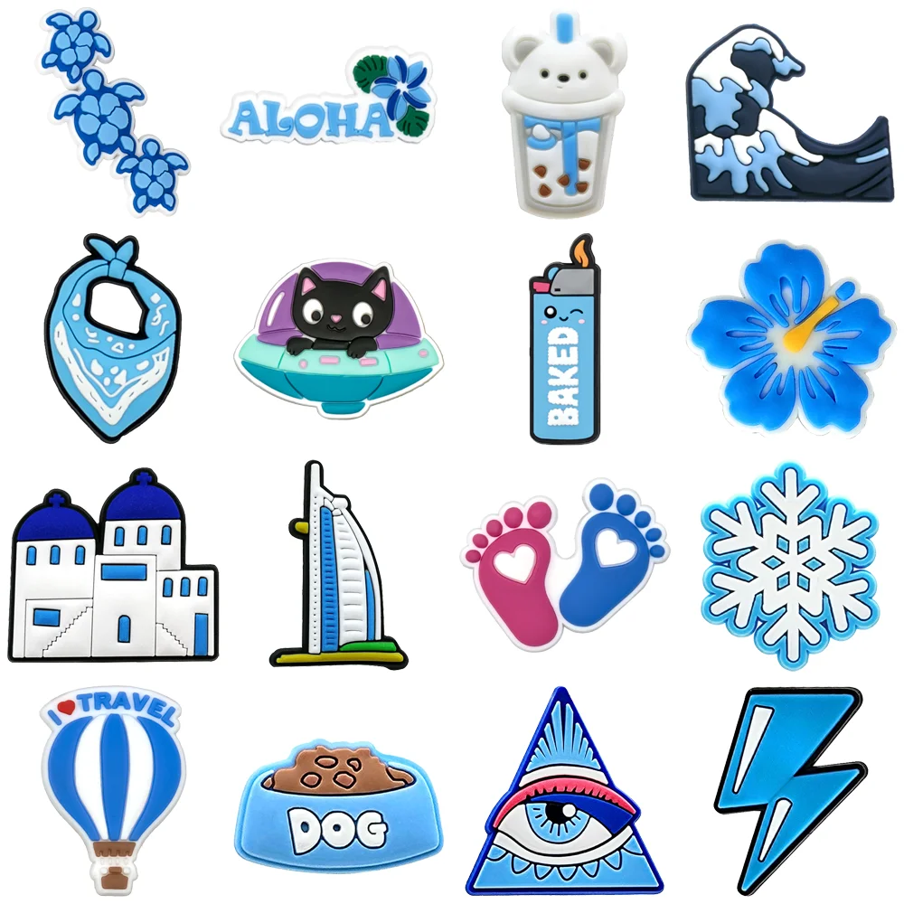 1/16PCS Blue Series Shoe Charms Lighter Accessories, Lightning-Patterned Scarf Charms for Shoes, Footprint Sandals Clog Buckles