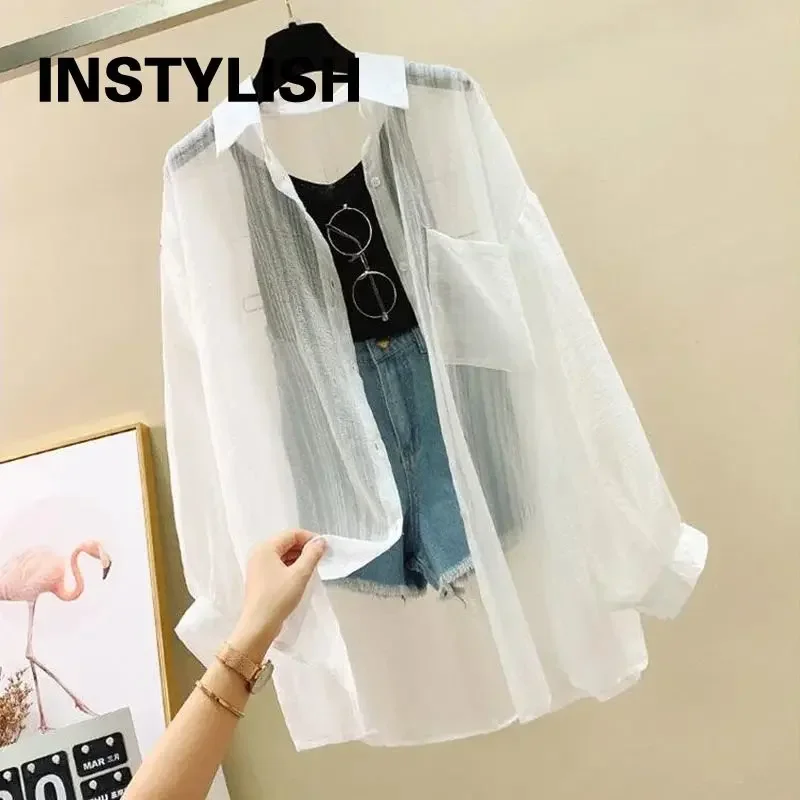 

Summer Sunscreen Shirt Elegant Perspective Thin Chiffon Blouse Korean Harajuku See Through Loose Top Casual Women's Cardigan