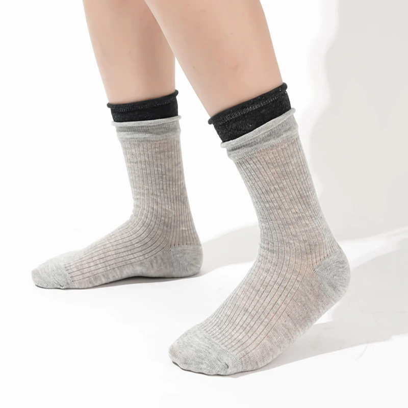 Women\'s Socks New Simple Solid Color Breathable Fake Two Pieces Fashoin Cotton Socks Striped Comfortable Autumn Middle Tube Sock