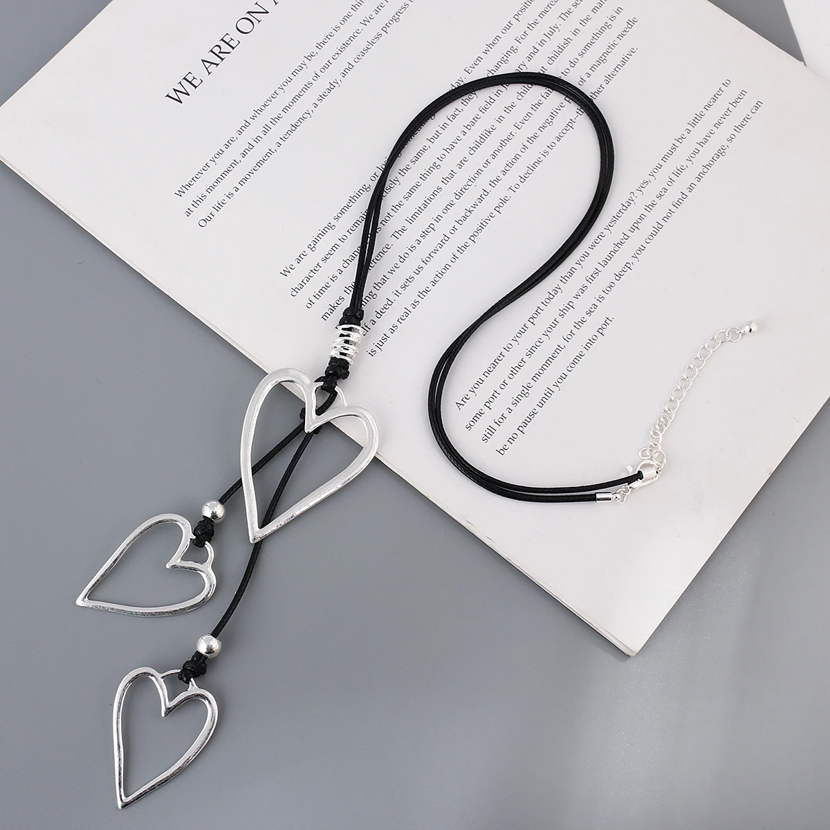 Amorcome Big Silver Color Heart Pendant Long Leather Necklace Boho Women Statement Ethnic Jewelry Lariat Necklace Mujer Collares