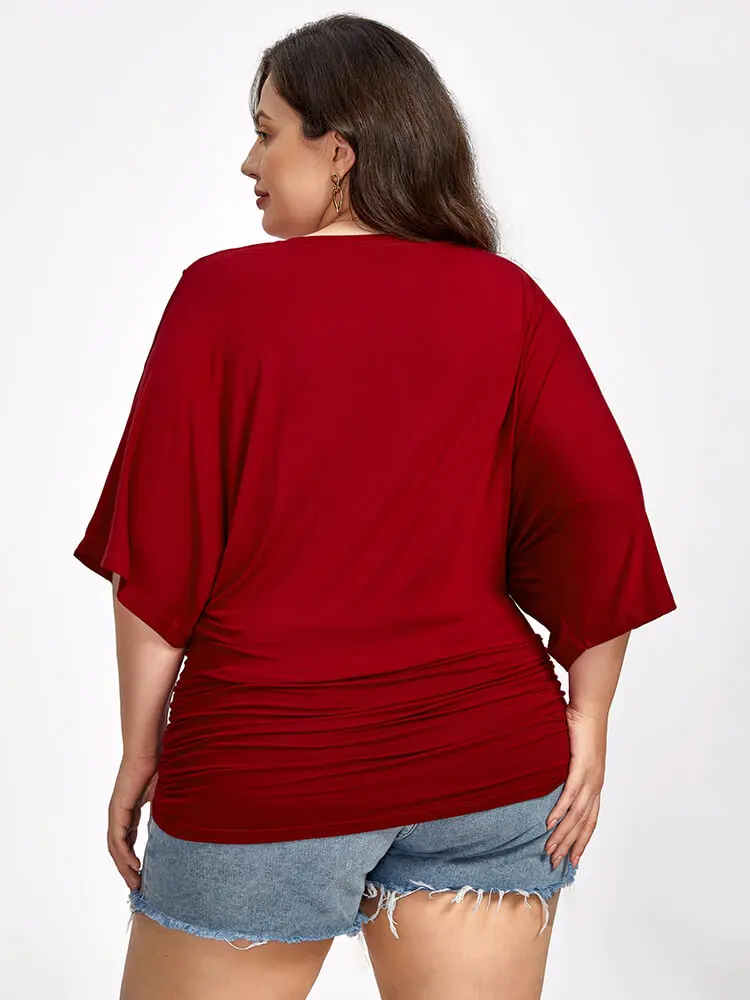 Plus Sized Clothing Casual Tees Tops Short Sleeve Batwing Sleeve Criss-cross V Neck Ruched Hem Loose Fashion 2024Short T-shirts