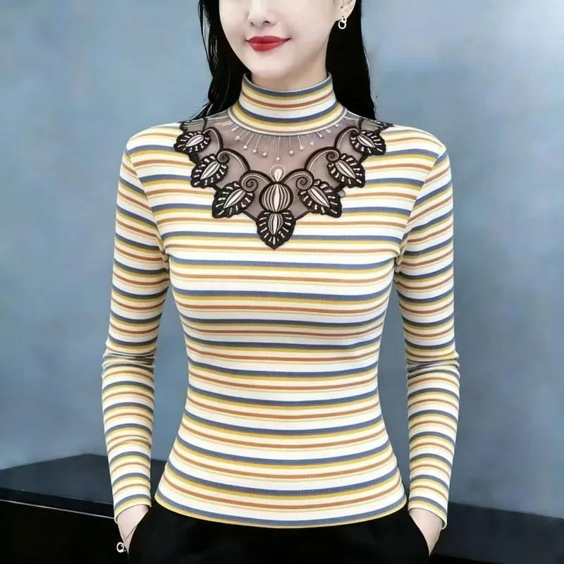 Ladies Slim Fit Half High Collar Embroidered Thin T-Shirt Overhead round Neck Cute Belly Covering Ageless Polyester Casual Top