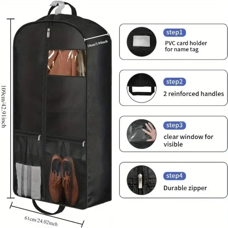 1pc Travel Suit Bag with Zipper Closure, Gusseted Hanging Clothes Storage Organizer and Pocket for Shirts, Coats, Dresses
