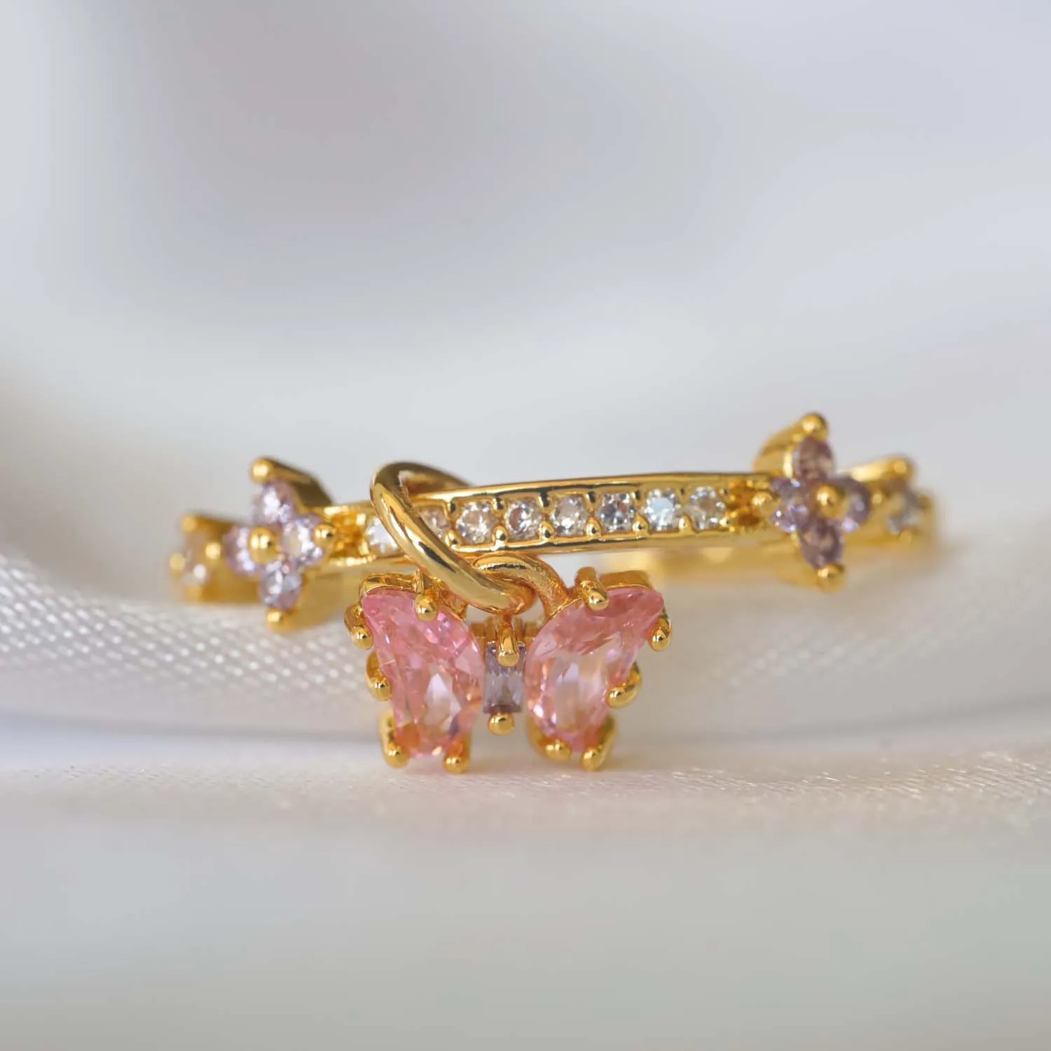 New Sweet Pink Butterfly Dangle Open Adjustable Ring For Women Girls Floral Zircon Party Jewelry Gift