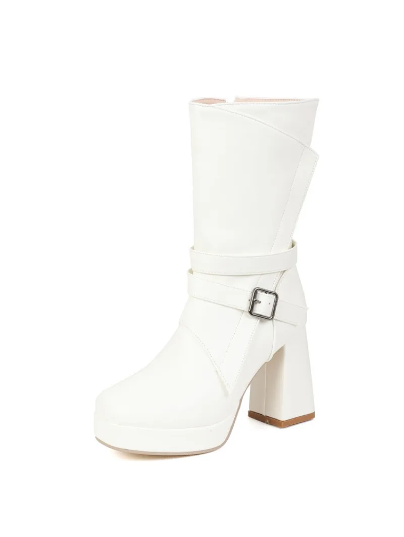 Yellow White Retro Round Toe Block Heel Booties Women 2026 Fall New High Heel Platform Side Zip Fashion Mid-Calf Boots