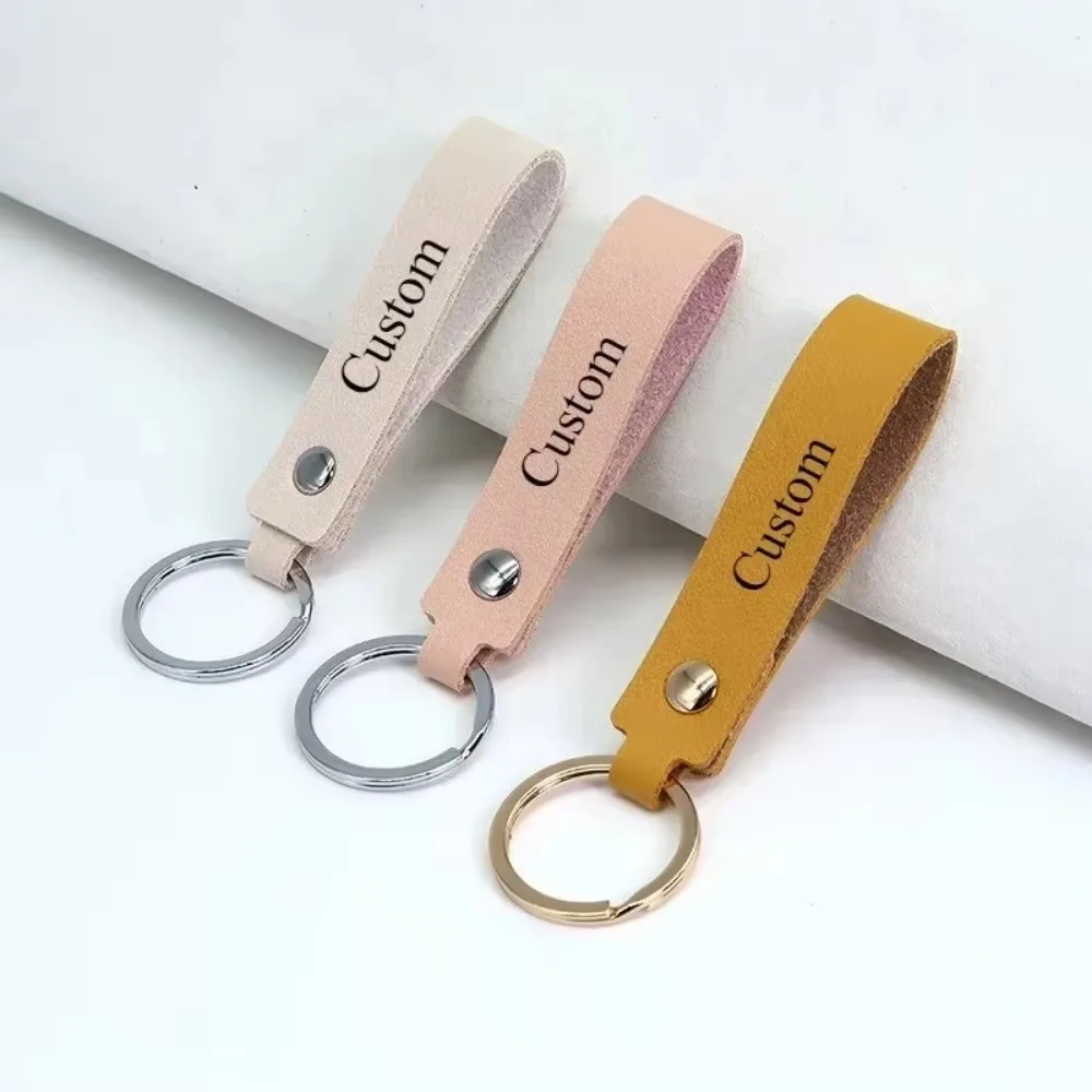 

New Luxury Custom Logo Name Leather Concise Keychain Colors Pure Color Personalized Keyring Car Moto Key Ring Accessories Gift