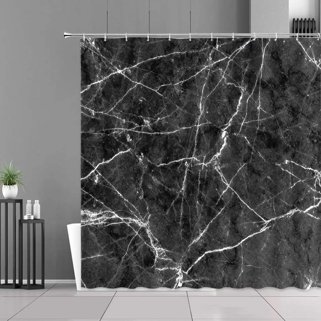 HBJWOV Black Marble White Stripe Printing Shower Curtain Home Bathroom Decor Cloth Waterproof Bath Curtains