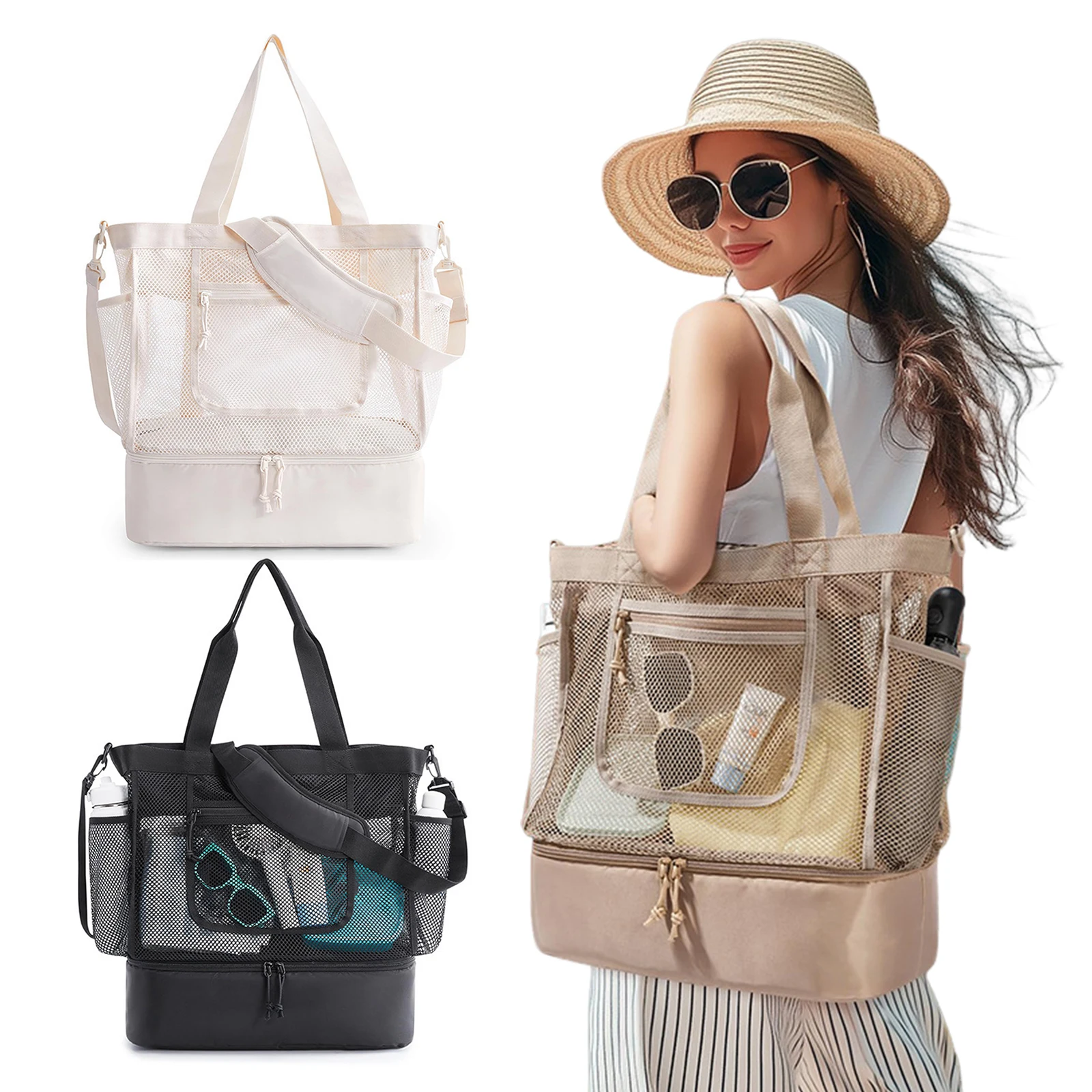 Women's Multi Pocket Beach-Bag With Anti Sand Design Foldable Lightweight Zipper For Travel