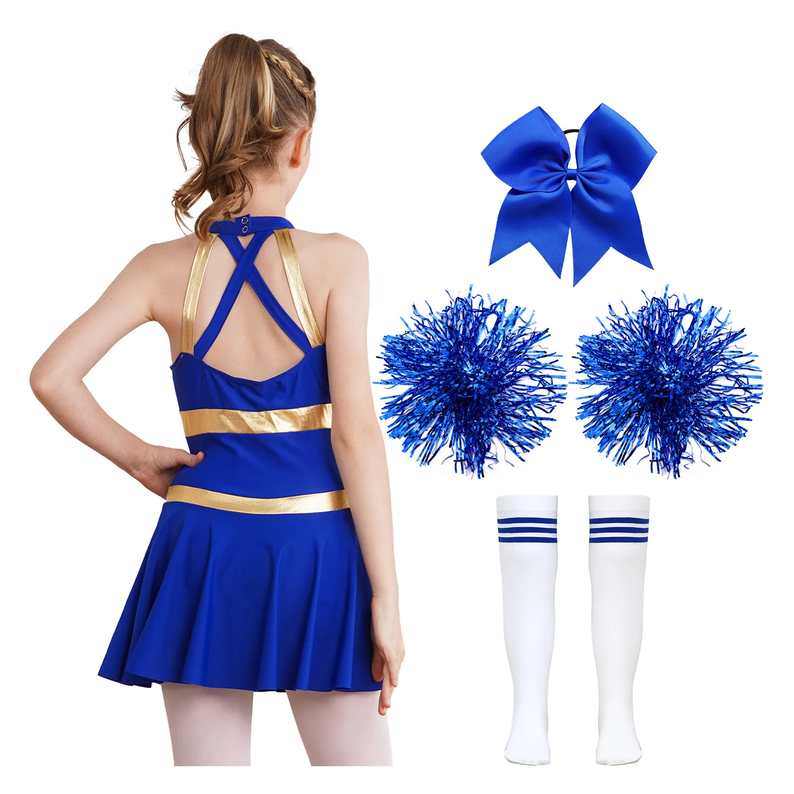 Kids Girls 4Pcs Cheerleading Costumes Sleeveless Dress Hand Flowers Striped Socks Dancewear Schoolgirl Cheer festival Suits