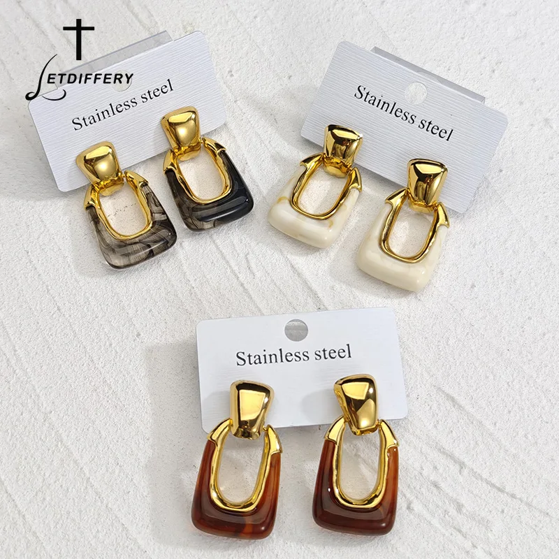 Letdiffery Vintage Geometric U Square Drop Earrings for Women Stainless Steel Retro Amber Resin Acrylic Dangle Earring Jewelry