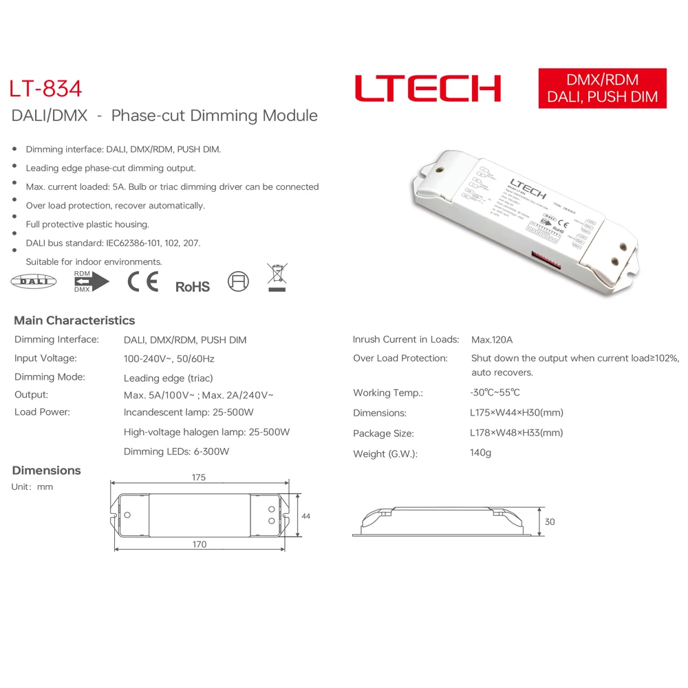 LTECH DALI Control Module DMX / DALI Phase-cut Dimming Module LT-834 0~100% Dimming 0-10V Dimming Module LT-84A For LED Light