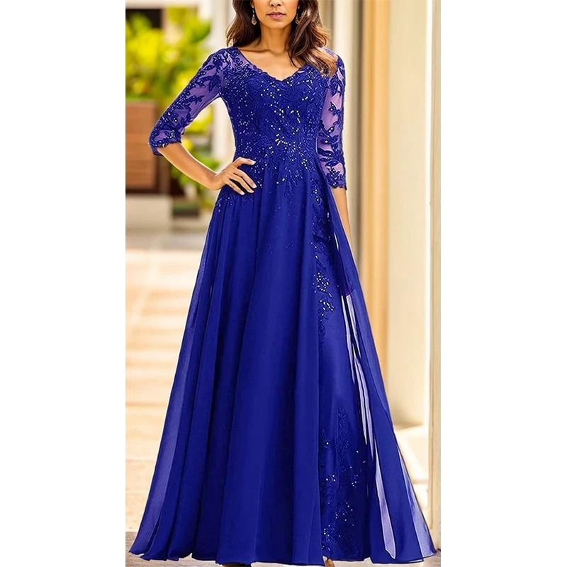 Vestidos para madre del novio con apliques de lentejuelas para mujer con manga y cuello en V, vestidos de gasa para madre de la novia
