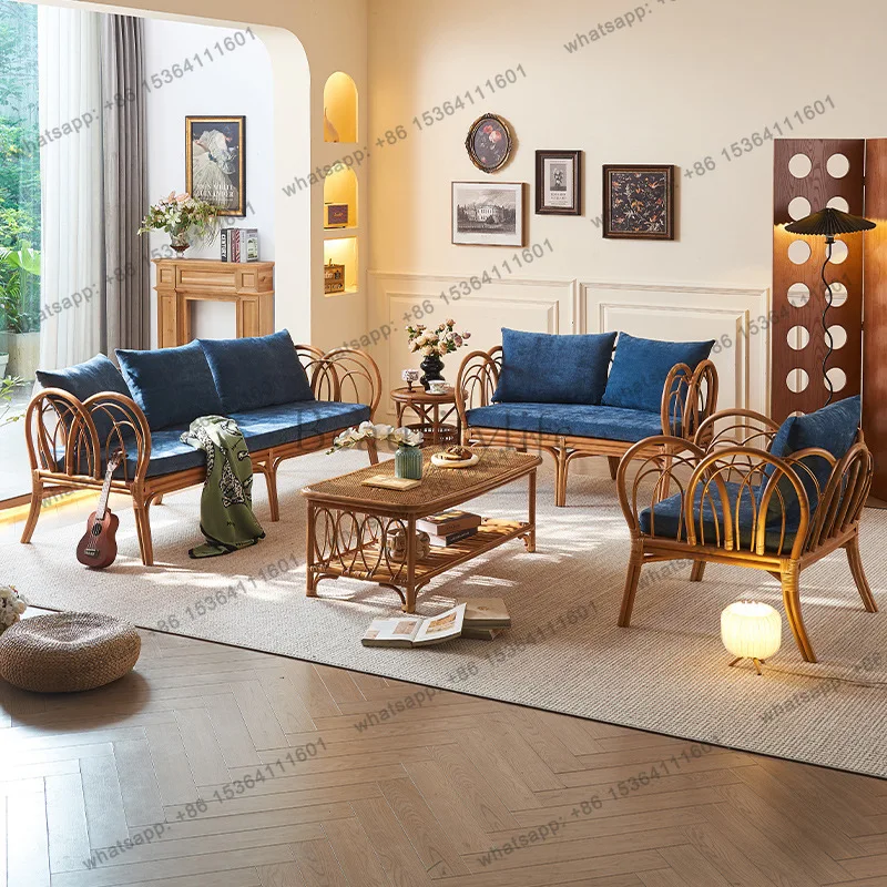 Medieval rattan sofa Indonesian agate rattan hand-woven wabi-sabi sofa coffee table