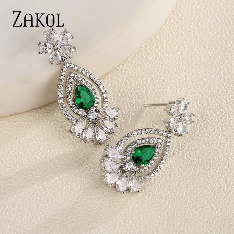 ZAKOL Exquisite Retro Green Teardrop Cubic Zirconia Geometric Flower Dangle Earrings for Women Female Party Jewelry Wholesale