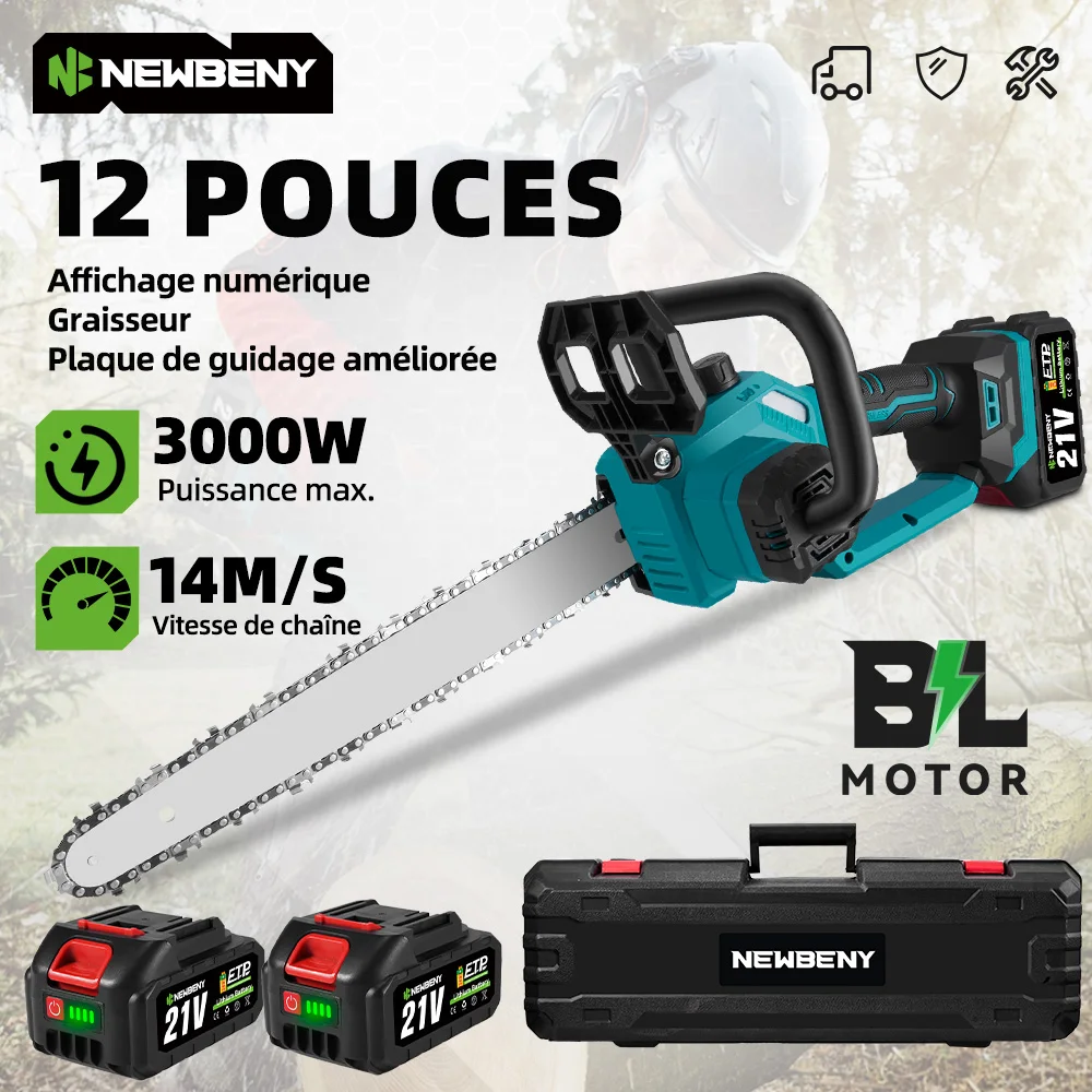 NEWBENY – tronçonneuse électrique sans balais de 12 pouces, affichage LED, sans fil, coupe du bois, scie d'enregistrement de jardin pour Makita, broche de batterie 18-21V