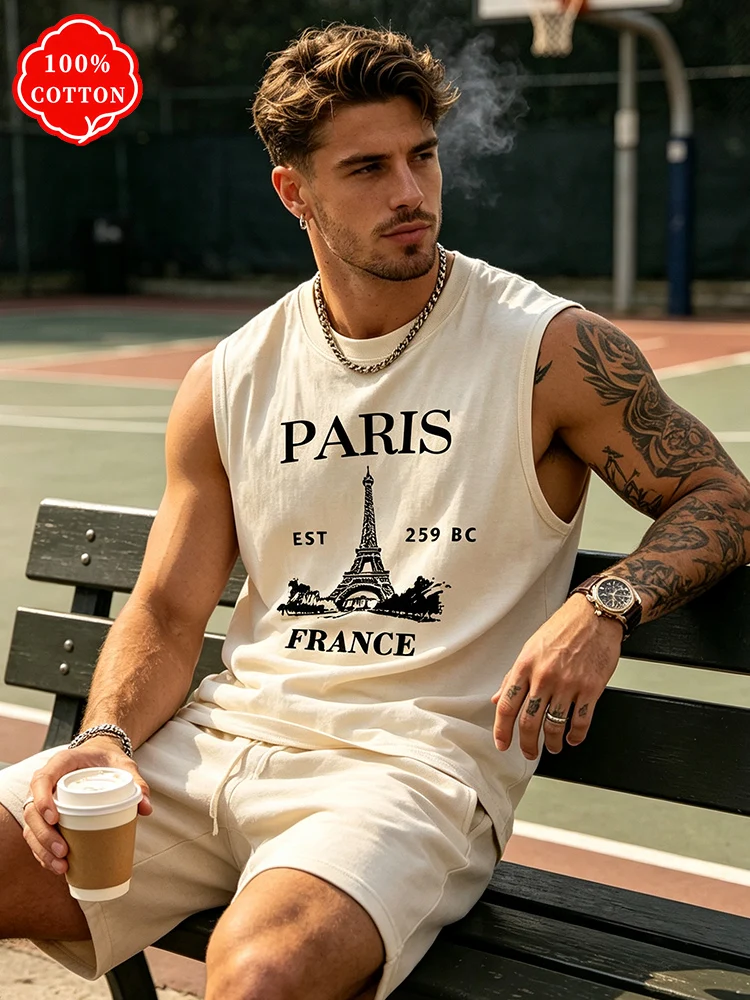 100% Cotton Men's Sleeveless Vest with Paris, France, Eiffel Tower Pattern Printed on the Front, Casual Vest-T94