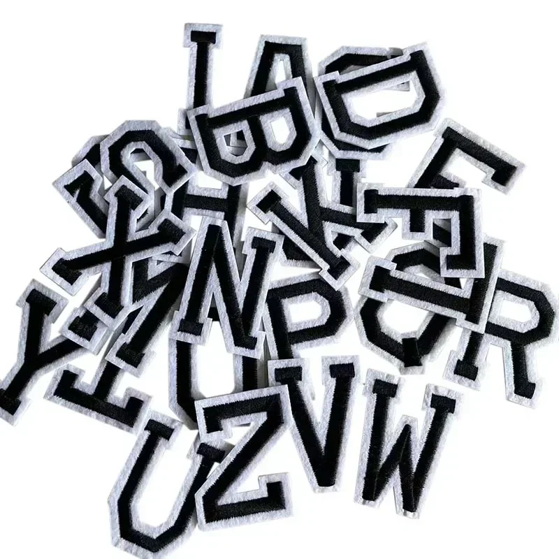 1PCS  A~Z  Black Alphabet Letters with White Edge Embroidery Applique Iron on Patches,Thermoadhesive Fabric Clothing Stickers