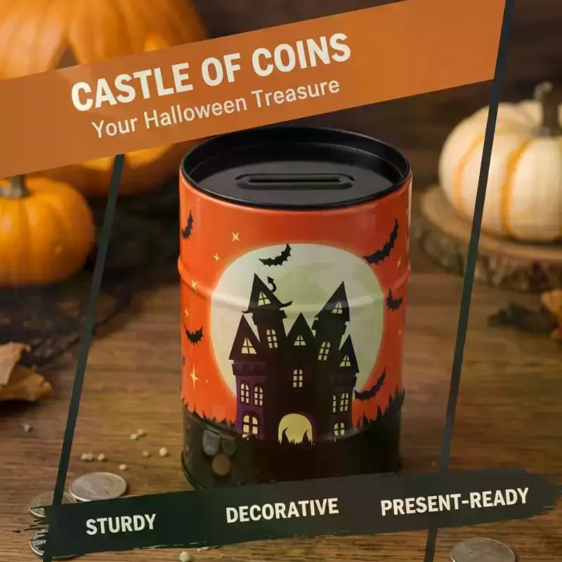 Halloween Metal Piggy Bank Adorable Bat Print Money Collection Box for Kids Toddlers Kindergarten Reward Gift