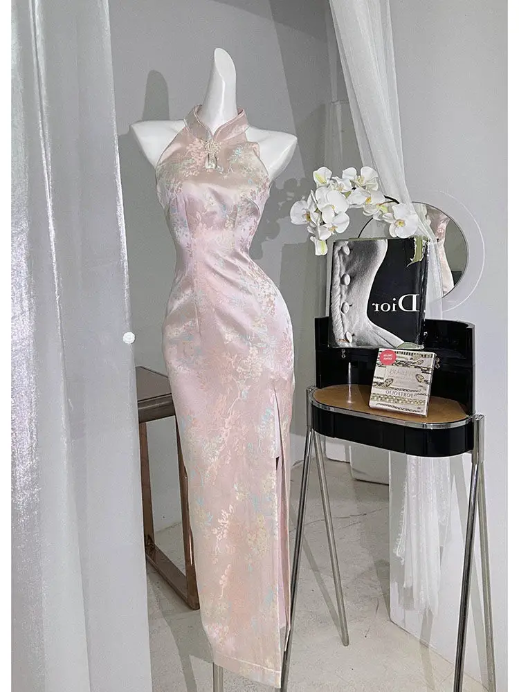 Retro Cheongsam Slit Sexy Chinese Style Pink Qipao Dress Female Elegant Daily Dresses Costume