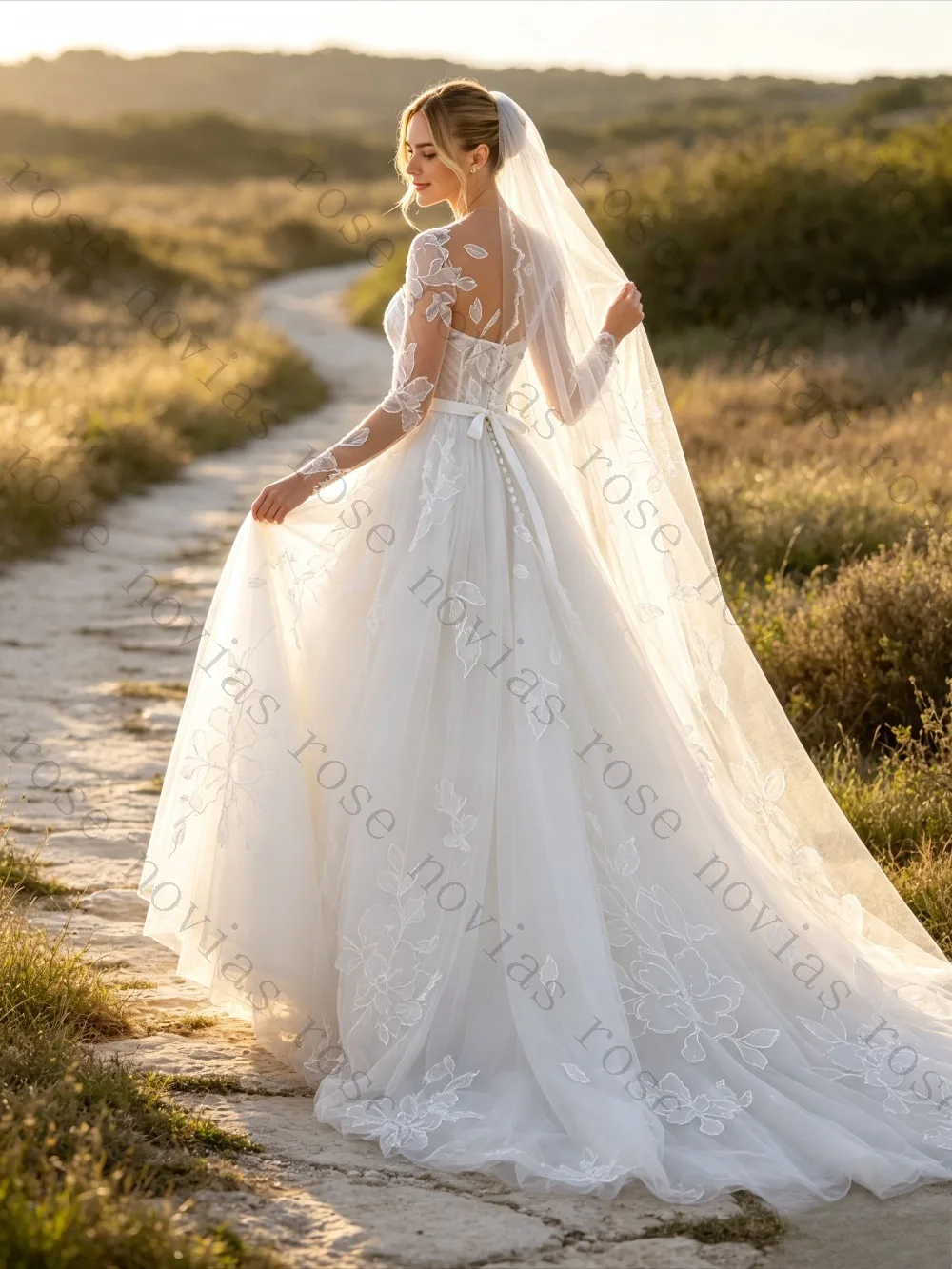 Customized Full Sleeve Lace Wedding Dress 2026 A Line Bridal Gown with Floral Appliques Elegant Luxury Bride Dress for Women