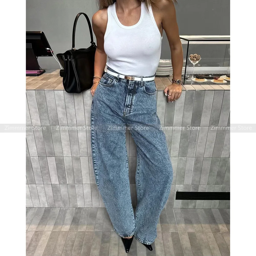 American retro high street washed and old back waist quilted jeans women high waisted loose banana pants