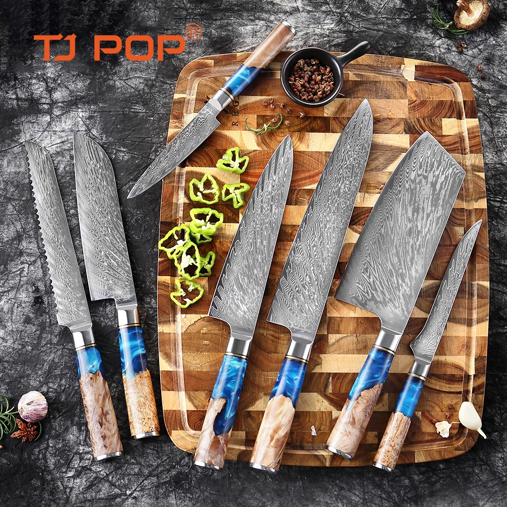 TJ POP 7 Pcs Kitchen Knives Set 67 Layer Damascus Steel Chef Knife Sharp Japanese VG10 Santoku Utility Bone Bread knife Cleaver