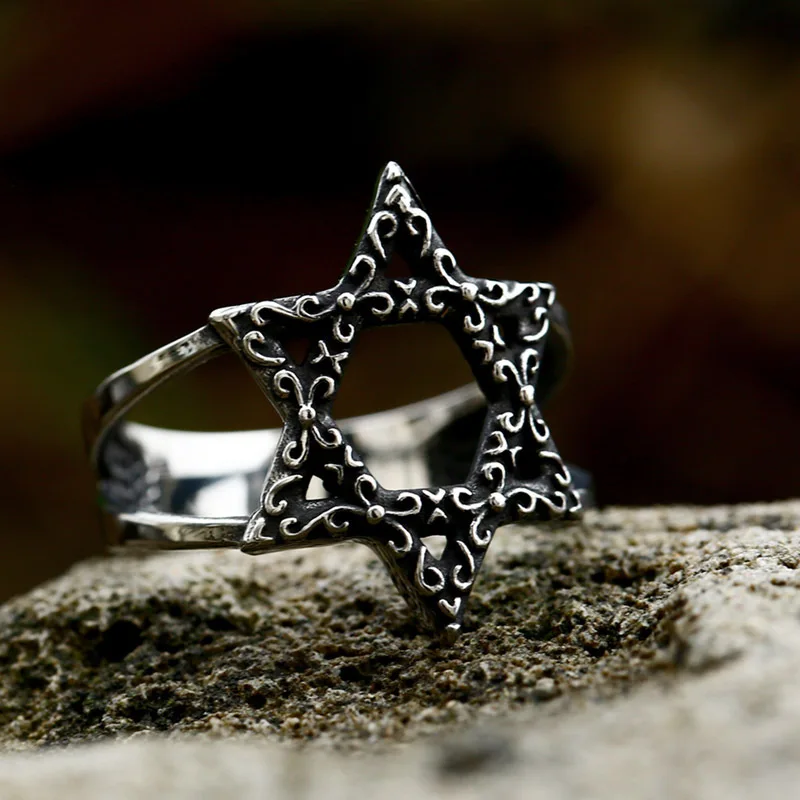 Vintage Polished and Blackened Stainless Steel Ring Creative Hexagonal Star Personalized Men's Tail Ring Hollow Accessory