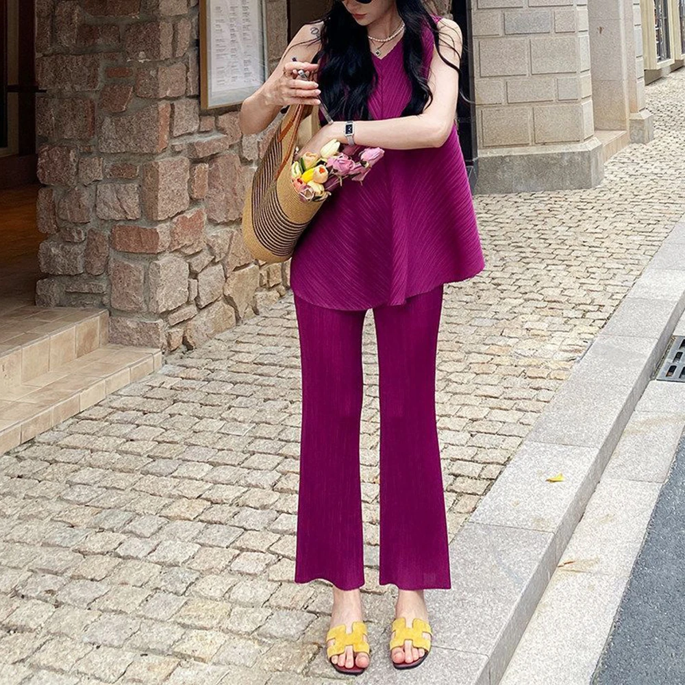 Pleated loose age-reducing doll shirt medium and long top + slim and thin straight pants two-piece set for women's summer