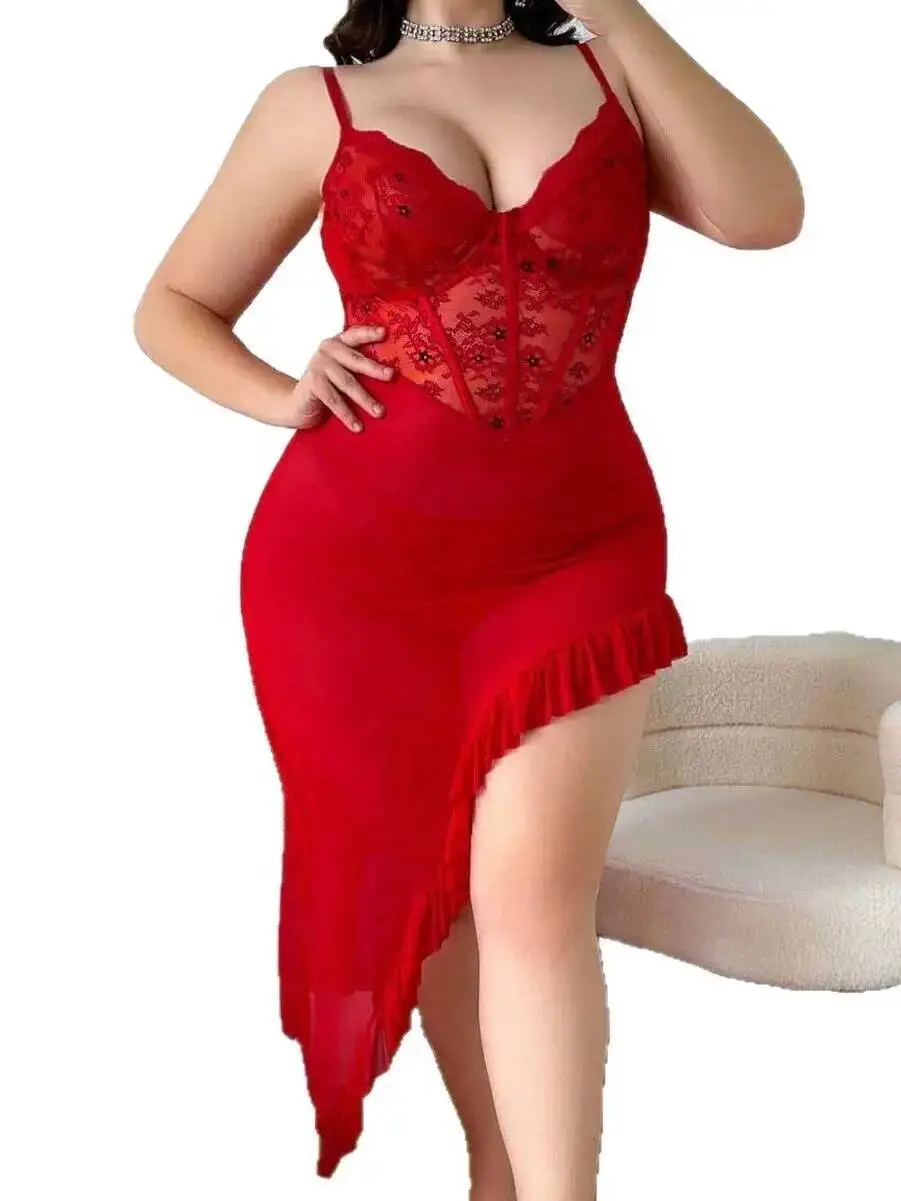 Chemise de nuit en dentelle rouge grande taille, maille transparente, ourlet à volants, écharpe pour femmes, romantique, saint-valentin, vêtements de nuit séduisants, robe élégante 5GUX
