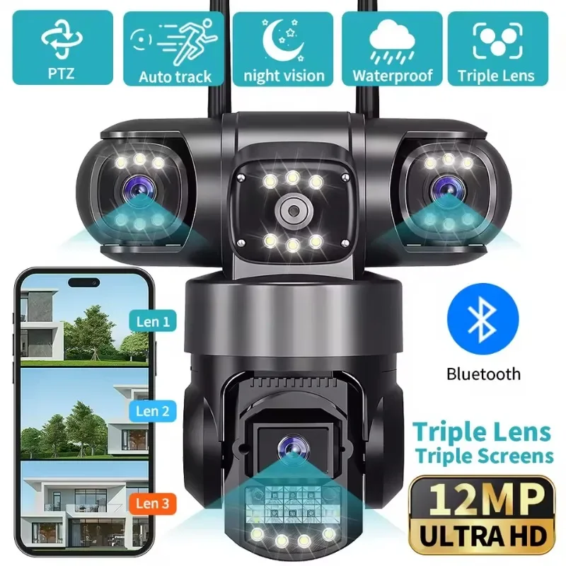 

V380Pro Three Lenses Three Screens Camera with Multi-Angle Color Night Vision Outdoor 12MP WiFi PTZ Security IP Camera CCTV Cam